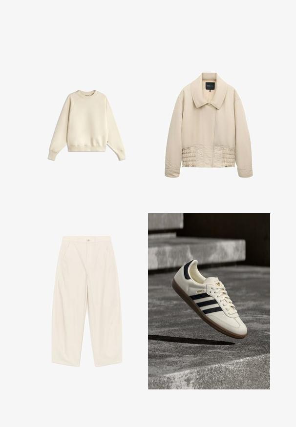 Veste beige courte avec col large, manches longues, détails cousus le long de la taille et fermeture avant cachée.; Sweat-shirt à manches longues de couleur crème avec col rond et poignets et ourlet côtelés, posé à plat sur un fond blanc.; Pantalon crème à taille haute et jambes larges, avec bouton avant, fermeture éclair, passants pour ceinture et poches latérales inclinées.; Baskets blanches Adidas Samba avec des bandes noires et une semelle en gomme, flottant au-dessus de marches en béton gris texturé.