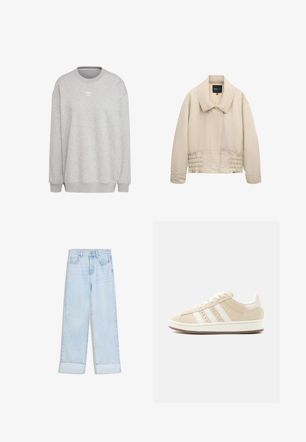Beige kurz geschnittene Jacke mit weitem Kragen, langen Ärmeln, abgesteppten Details entlang der Taille und verdecktem Frontverschluss.; Grauer Sweatshirt aus weichem Stoff, mit Rundhalsausschnitt, langen Ärmeln, gerippten Bündchen und Saum, sowie einem kleinen weißen Logo auf der Vorderseite.; Hellblaue Jeans aus Denim mit hohem Bund, weitem Bein, aufgekrempelten Säumen und zwei Fronttaschen. Der Stoff hat eine leicht ausgebleichte Textur.; Beigefarbener Wildleder-Sneaker mit niedrigem Schaft, weißen Schnürsenkeln, drei weißen Streifen an der Seite und Schriftzug "CAMPUS".