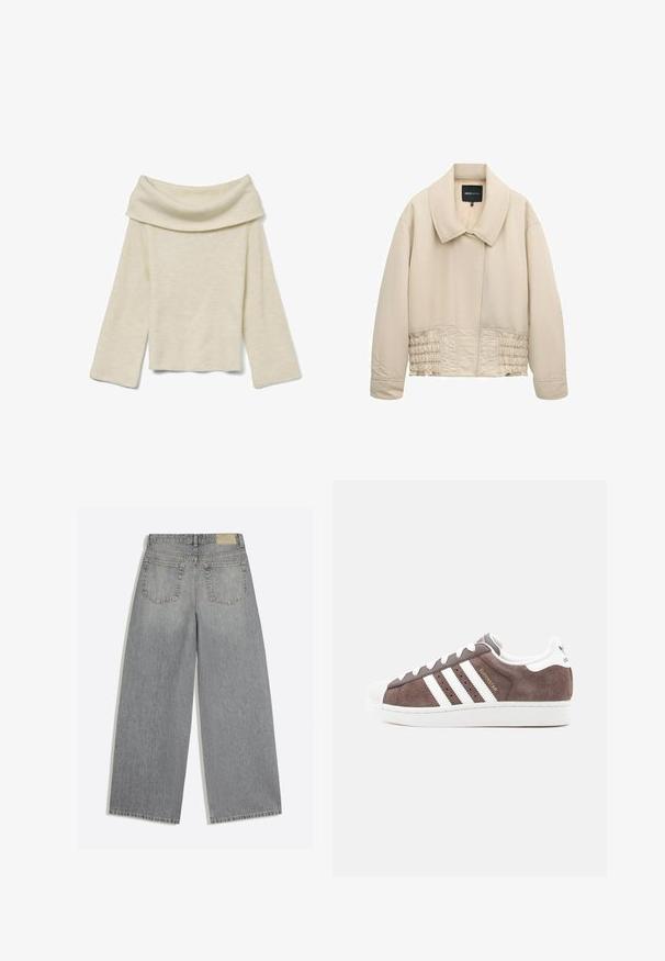 Beige cropped jakke med bred krave, lange ærmer, syninger langs taljen og en skjult lukning foran.; Vero Moda Knitted VMERA Knitted - Striktrøje - birch; Grå vidbenede denimjeans der viser bagsiden med to lommer og bæltestropper lagt fladt på hvid baggrund.; Brun ruskindsneaker med tre hvide sidelininger, en hvid gummitåhætte og en hvid sål med ordet "SUPERSTAR" i guldfarve.