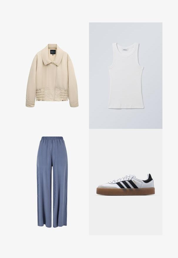 Beige cropped jakke med bred krave, lange ærmer, syninger langs taljen og en skjult lukning foran.; Hvid bomulds tanktop med rund halsudskæring og brede skulderstropper. Har ribstrikket tekstur og lige kant forneden. Mærke vist ved halsudskæringen.; Blå vidde bukser med hvide lodrette striber og elastisk talje, vist mod en hvid baggrund.; Hvide lædersneakers med sorte striber, gummirubber sål, rund tå, snørelukning og blød grå ruskinds tåhætte.