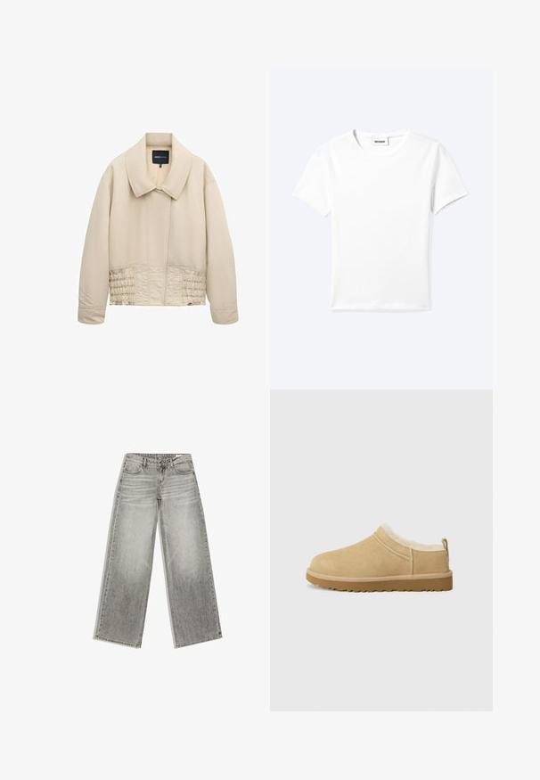 Veste beige courte avec col large, manches longues, détails cousus le long de la taille et fermeture avant cachée.; T-shirt blanc uni à manches courtes et col rond avec une petite étiquette "WEEKDAY" à l'intérieur de l'encolure, présenté à plat sur un fond clair.; Jean gris à jambes larges avec poches avant, passants de ceinture et fermeture par bouton, posé à plat sur fond blanc.; Chaussure en daim à enfiler de couleur beige clair, dotée d'une douce doublure en fourrure et d'une semelle en caoutchouc texturé avec un léger talon et une sangle à l'arrière pour un enfilage facile.