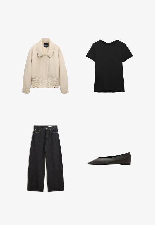 Veste beige courte avec col large, manches longues, détails cousus le long de la taille et fermeture avant cachée.; T-shirt noir à manches courtes en tissu lisse. Il présente un col rond et une coupe décontractée avec un ourlet droit.; Jean en denim large à taille haute, avec cinq poches, des coutures contrastées et une fermeture à bouton. Texture lisse avec une coupe classique.; Chaussure plate noire à bout pointu avec un talon bas et une tige en cuir lisse, présentée de profil sur un fond blanc.