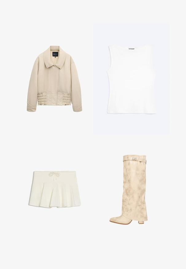 Beige cropped jakke med bred krave, lange ærmer, syninger langs taljen og en skjult lukning foran.; Hvid tætsiddende ærmeløs tanktop med rund halsudskæring og minimalistisk design, mærket "WEEKDAY" indeni kraven.; Hvid plisseret mininederdel med snoretræk i taljen og blødt, struktureret stof, lagt fladt på hvid baggrund.; Knæhøj creme syntetisk læderstøvle med en subtil glans, tekstureret overflade, blokhæl og en rem med en metallisk spænde øverst.