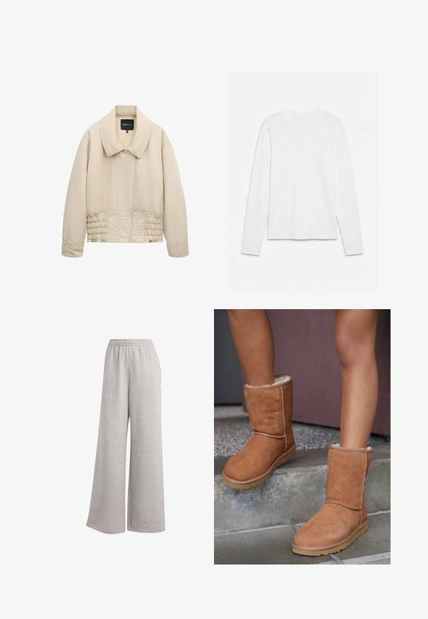 Beige cropped jack met brede kraag, lange mouwen, gestikte details langs de taille en een verborgen voorsluiting.; Effen wit, langarmig shirt met ronde hals, plat neerligt op een witte ondergrond, waarbij de voorkant en de volledige mouwlengte zichtbaar zijn.; Lichtgrijze sweatpants met een losse pasvorm, elastische tailleband en zachte textuur. Heeft subtiele branding aan één kant. Casual ontwerp.; Bruine suède enkellaarsjes met een ronde neus, zachte voering en een rubberen zool, met zichtbaar stiksel langs de naden.