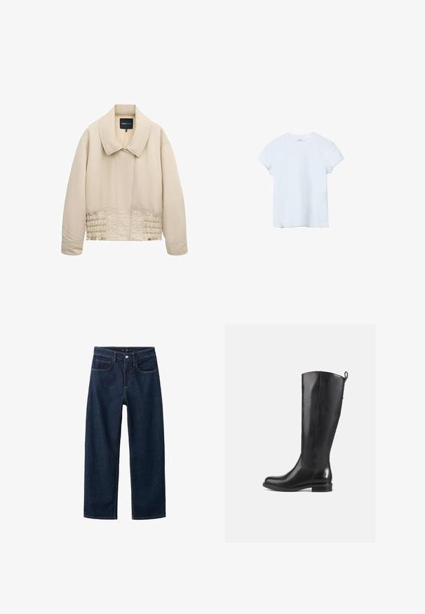Beige kurz geschnittene Jacke mit weitem Kragen, langen Ärmeln, abgesteppten Details entlang der Taille und verdecktem Frontverschluss.; Schlichtes hellblaues T-Shirt mit kurzen Ärmeln und rundem Ausschnitt, flach auf weißem Hintergrund liegend.; Dunkelblaue Jeans mit geradem Bein, im klassischen Fünf-Taschen-Stil, sichtbaren Nähten und einem Knopfverschluss an der Taille.; Schwarz Leder Stiefel bis zum Knie mit glatter Oberfläche, runder Spitze, tiefem Absatz und Zugschlaufe hinten. Minimalistisches Design ohne sichtbare Muster.