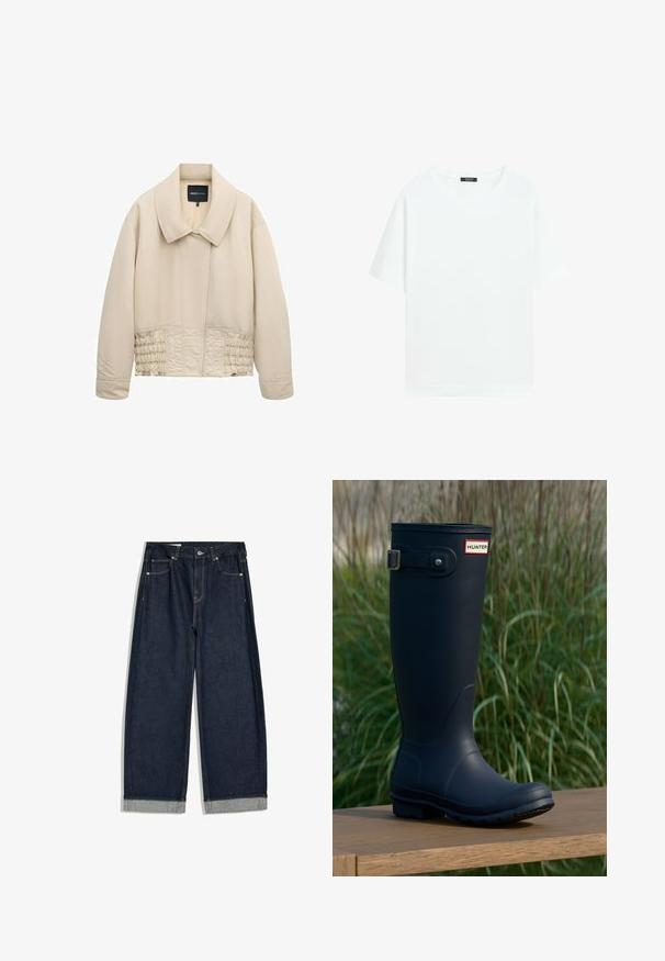 Beige cropped jakke med bred krave, lange ærmer, syninger langs taljen og en skjult lukning foran.; Simpel hvid T-shirt med korte ærmer og rund hals, med en lille sort label inde i kraven.; Mørkeblå jeans med vide ben og opsmøg, fem lommer og knaplukning i taljen, lagt fladt på hvid baggrund.; Marine gummistøvle med rund tå, tekstureret overflade, justerbar spænde detaljer og Hunter-logo nær toppen. Stabilt sål med mønster.