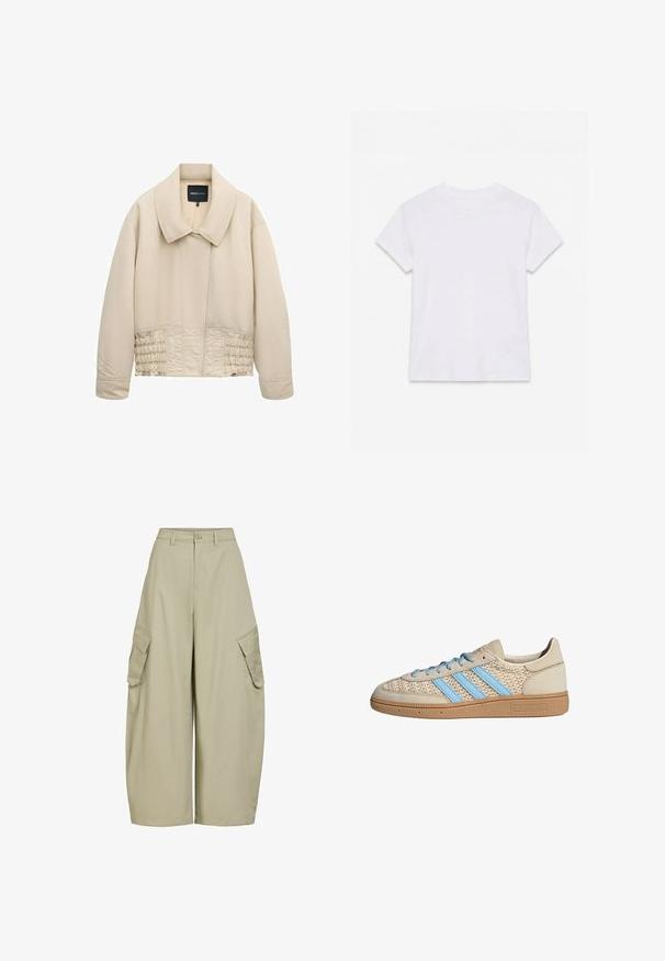 Beige cropped jakke med bred krave, lange ærmer, syninger langs taljen og en skjult lukning foran.; Hvid kortærmet t-shirt i bomuld med rund hals, lagt fladt på en hvid baggrund.; Beige vidde cargobukser med knap foran, lynlås, bæltestropper og store klaplommer på begge lår.; Beige sneakers med en tekstureret strik-overdel, lyseblå striber og brun gummisål. Har runde snørebånd og logodetalje på siden.
