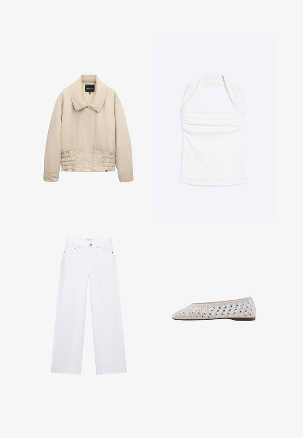 Beige cropped jakke med bred krave, lange ærmer, syninger langs taljen og en skjult lukning foran.; Hvid halterneck-top med lige halsudskæring og rynkede detaljer langs brystet, vist mod en ensfarvet lys baggrund.; Hvide jeans med høj talje og vide ben med knap- og lynlåslukning, for- og baglommer samt sølvfarvede nitter som detaljer.; Balletflad i cremefarvet stof med sølvfarvede palietter arrangeret i et prik mønster, rund tå og lav brun sål. Tekstureret overdel for ekstra detalje.