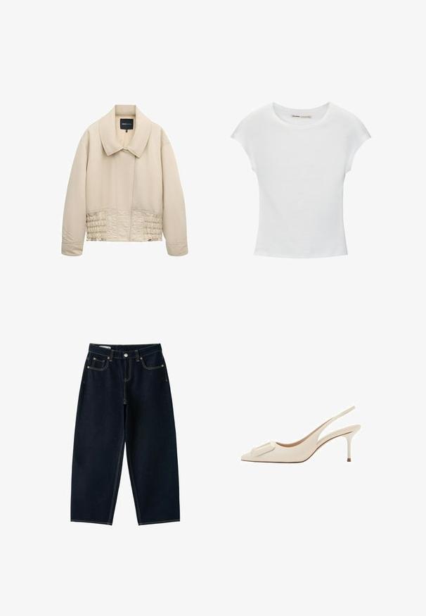 Veste beige courte avec col large, manches longues, détails cousus le long de la taille et fermeture avant cachée.; T-shirt en coton blanc avec manches courtes retroussées, encolure ronde et ourlet droit. Texture lisse sans motifs ni accents visibles.; Jean bleu foncé à jambes larges, taille haute, bouton sur le devant, fermeture éclair et cinq poches avec coutures apparentes.; Escarpin beige à bride arrière avec bout pointu, talon aiguille de hauteur moyenne et boucle rectangulaire sur le devant.