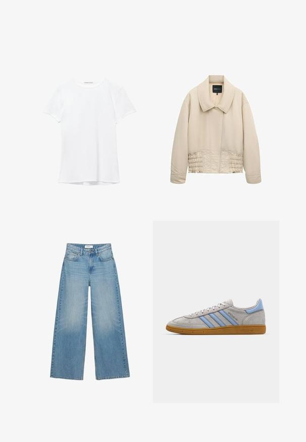 Beige kurz geschnittene Jacke mit weitem Kragen, langen Ärmeln, abgesteppten Details entlang der Taille und verdecktem Frontverschluss.; Weißes T-Shirt mit kurzen Ärmeln aus glatter Stoffqualität, mit rundem Ausschnitt und dezenten Nähten am Saum.; Hellblaue Jeans mit weitem Bein, vorderen Taschen, Gürtelschlaufen, Knopfverschluss und sichtbaren Nähten.; Grau Wildleder Sneaker mit hellblauen Streifen, gummiertem Sohlenmaterial und Logo-Akzenten. Niedriges Design mit runder Zehenform und Schnürverschluss.