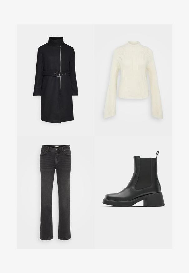 Vero Moda VMDENVERFEBE LONG COAT - Klassisk frakke - black; Strik creme sweater med høj hals, lange flared ærmer og ribbet tekstur. Lige kant og tætsiddende silhuet.; Sorte denimbukser med lige ben, med knaplukning, fem lommer og let udvaskning. Glat tekstur og klassisk design.; Sorte læder ankelstøvler med elastiske sidepaneler, afrundet tå og en kraftig blokhæl. Glat tekstur med et minimalistisk design.