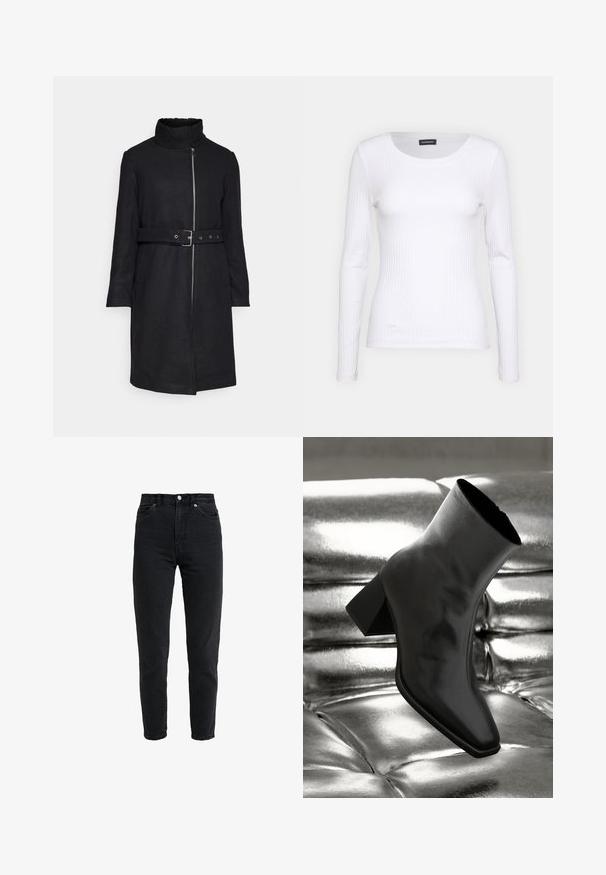 Vero Moda VMDENVERFEBE LONG COAT - Klassisk frakke - black; Hvid ribbet langærmet trøje med rund halsudskæring. Fremstillet af et strækstof, der sidder tæt til kroppen. Har subtile horisontale linjer.; High-waist sort denim jeans med forreste knap og lynlås, to forlommer og en tilspidset ben foran på en hvid baggrund.; Sorte ankelstøvler lavet af glossy materiale med firkantet tå og spidse hæle, sat mod en skinnende sølv tuftet baggrund.