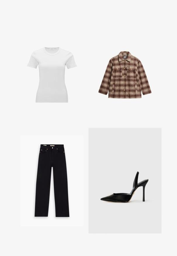 Veste en flanelle à carreaux marron et crème avec un devant boutonné, deux poches poitrine et un col classique. Caractérisée par des boutons dorés et une texture douce.; T-shirt femme blanc à manches courtes, ajusté, côtelé, col rond avec une petite étiquette de taille à l’intérieur du col.; Jean en denim noir avec une coupe droite, cinq poches, matériel en cuivre et texture lisse. Deux étiquettes visibles sur la taille.; Chaussure à talon aiguille en cuir noir avec un bout pointu, un côté ouvert et un talon fin. Texture lisse avec une finition brillante.