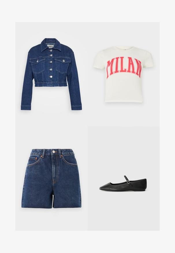 Afskåret denimjakke i mørkeblå, med krave, sølv hardware, to brystlommer og knaplukning foran.; Hvid T-shirt med korte ærmer, der har "MILAN" i fed rød tekst tværs over brystet. Fremstillet af bomuld med rund halsåbning.; Jeansshorts i mørkeblå med høj talje, fem lommer, kobberhardware og kontraststikninger. Rå kantdetalje tilføjer tekstur.; Sorte læder balletflade med spids tå, flad sål og en lille spænde rem over anklen for en sikker pasform.