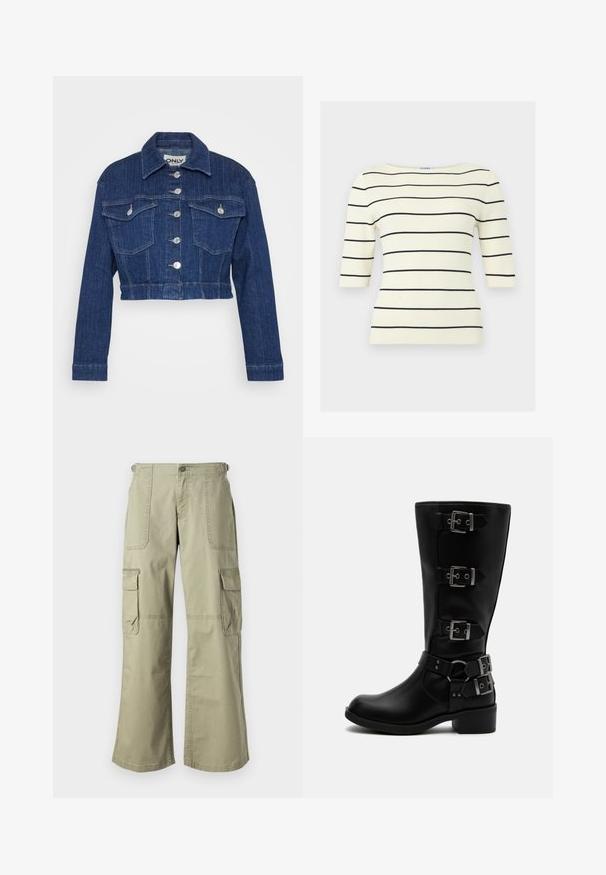 Abgestutzte Jeansjacke in Dunkelblau mit Kragen, silbernem Zubehör, zwei Brusttaschen und Knopfverschluss an der Vorderseite.; Cremefarbenes, geripptes Strickoberteil mit schwarzen horizontalen Streifen und ellbogenlangen Ärmeln, mit einem Bootsausschnitt.; Khakifarbene Cargo-Hosen mit entspannter Passform, ausgestattet mit zwei Seitentaschen, einem vorderen Knopfverschluss und weiten Beinen. Baumwollstoff mit glatter Textur.; Schwarzer Lederstiefel bis zur Mitte der Wade mit vier verstellbaren Metallriemen und niedrigem Blockabsatz auf weißem Hintergrund.