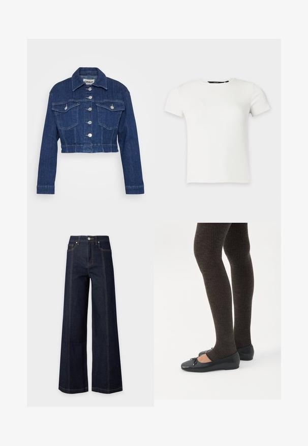 Afskåret denimjakke i mørkeblå, med krave, sølv hardware, to brystlommer og knaplukning foran.; Hvid kortærmet ribstrikket t-shirt med rund halsudskæring, vist på en ensartet lys grå baggrund.; Mørkeblå jeans med høj talje og vidde ben, med forlommer, synlige sømme og lukning med knap og lynlås på en ensartet lys baggrund.; Ben iført mørke ribbede leggings kombineret med sorte balletsko med små sløjfedetaljer på hvid baggrund.