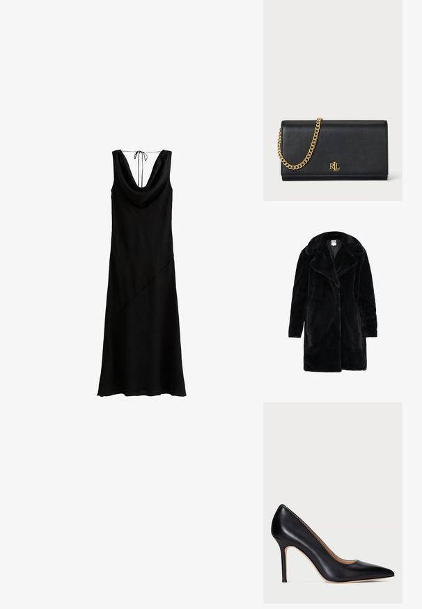 Langer schwarzer Kunstpelzmantel mit einem breiten Kragen, offener Vorderseite und zwei Seitentaschen. Weicher Stoff, oversized Passform und keine sichtbaren Verschlüsse.; Schwarzes ärmelloses Kleid mit einem gefalteten Ausschnitt und einem Bindebandverschluss; verfügt über eine diagonale Naht und eine glatte Textur.; Schwarze Leder-Pumps mit hohem Absatz, spitzem Schuhkopf und schlankem Stiletto-Absatz. Die glatte Textur und die minimalen Details verleihen ein klassisches Design.; Schwarze Lederbörse mit einer goldenen Kettenriemen, ausgestattet mit einem goldenen Logo auf der Vorderseite. Minimalistisches Design mit einer glatten Textur und schlanker Form.