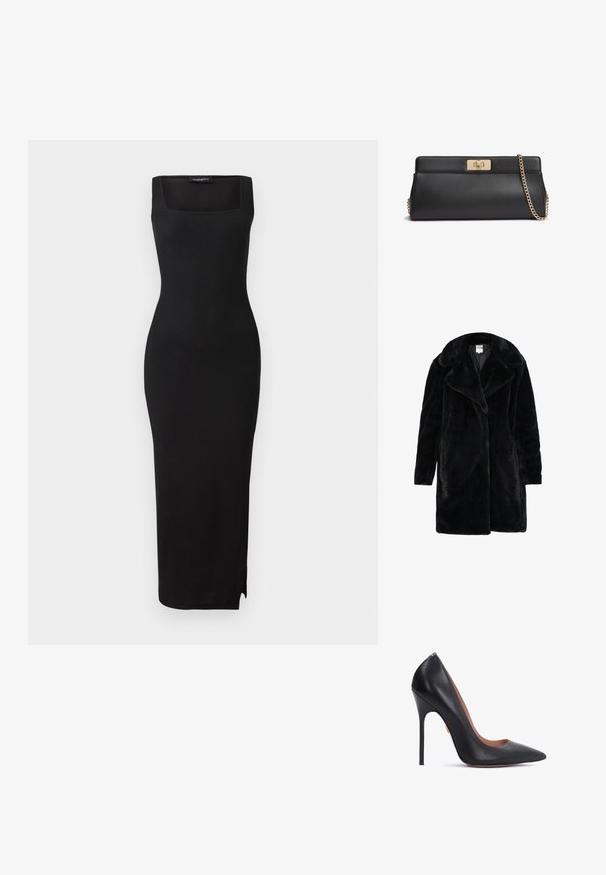 Abrigo largo de pelo sintético negro con un amplio collar, abertura frontal y dos bolsillos laterales. Textura suave, corte holgado y sin cierres visibles.; Vestido midi de punto acanalado negro con escote cuadrado, silueta ajustada y abertura lateral. El material tiene una textura suave. Diseño simple.; Zapato de tacón alto de cuero negro con puntera afilada, tacón de estilete delgado y escote curvado. Textura suave y acento dorado cerca del tacón.; Bolso de mano de cuero negro con cierre de giro metálico en tono dorado y una correa de hombro a juego con cadena dorada.