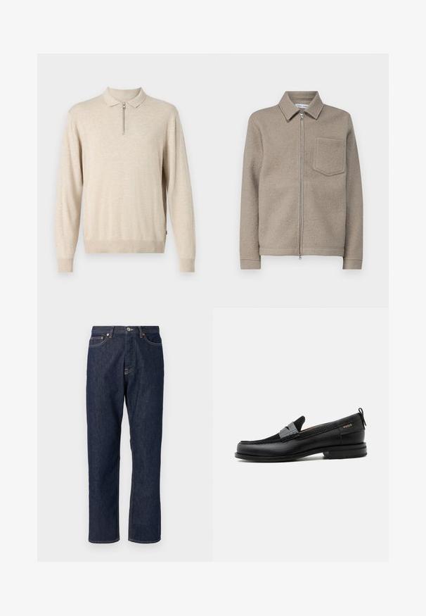 Samsøe Samsøe HANNES FULL ZIP - Let jakke / Sommerjakker - seneca rock; Beige langermet pullover med krave og lynlås. Lavet af blødt materiale med ribbede manchetter og kant.; Mørkeblå denim jeans med lige ben-design. Har knappelukning og lynlås, fem lommer og kontraststikningsdetaljer.; Sort læderloafer med grå remdetalje, lav hæl og tekstureret sål, mærket med "HUGO" i guld på siden.
