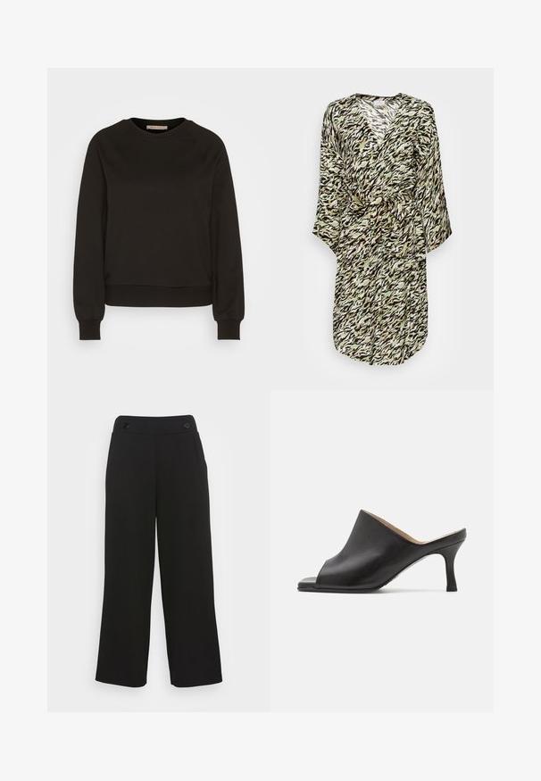 Langes Wickelkleid mit einem schwarz-beige-grünen gezackten Muster. Hergestellt aus leichtem Stoff mit einem Bindegürtel und V-Ausschnitt.; Schwarzer Sweatshirt mit Rundhalsausschnitt, langen Raglanärmeln, elastischen Bündchen und tailliertem Saum. Hergestellt aus weichem Material, minimalistisches Design.; Schwarze, weit geschnittene Hosen aus einem glatten Stoff. Verfügt über einen flachen Bund mit zwei schwarzen Knöpfen. Keine sichtbaren Taschen oder Muster.; Selected ASHLEY - Pantolette hoch - black