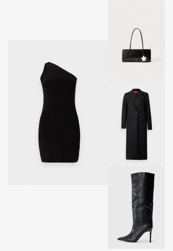 Zwarte overjas met een geknipte revers, sluiting met één knoop, twee voorzakken en een gladde textuur, ontworpen met een getailleerde pasvorm.; Zwart mouwloos mini-jurkje met een asymmetrische halslijn en een aansluitende silhouet, weergegeven tegen een effen achtergrond.; Zwarte laarzen van leer tot de knie met een spitse neus en dunne hoge hak op een effen witte achtergrond.; Zwarte lakleren handtas met een rechthoekige vorm, dunne hengsels en een decoratieve bloemvormige hanger. Kenmerkt logo branding aan de voorkant.
