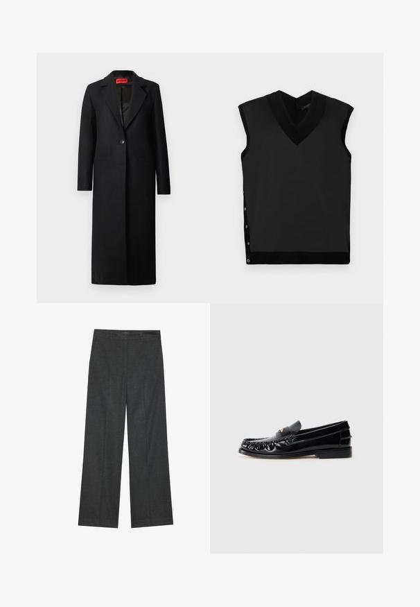 Manteau noir avec un col cranté, fermeture à bouton unique, deux poches avant et texture lisse, conçu avec une coupe ajustée.; Top sans manches noir avec un décolleté en V, texture lisse, col côtelé contrastant et détail de bouton-pression sur le côté gauche.; Pantalons larges gris foncé en tissu texturé, avec une taille plate, des passants de ceinture et une finition soignée à l'ourlet.; Mocassins en cuir noir avec un bout arrondi, des coutures décoratives et un petit accent doré sur le dessus. Semelle en caoutchouc plate, design épuré.