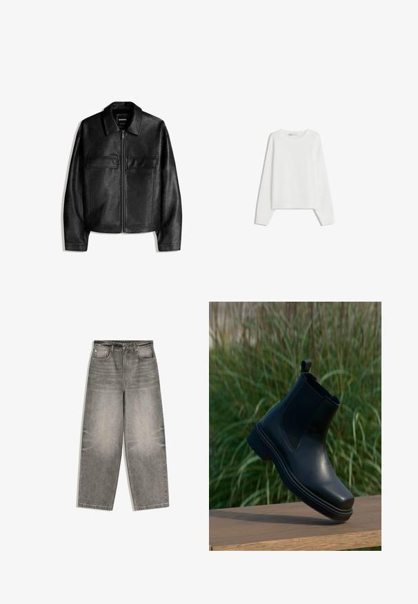 Veste en similicuir noir avec col, fermeture éclair à l'avant et deux poches à rabat sur la poitrine, présentée sur un fond blanc.; Pull en tricot blanc avec des manches longues, un col rond, des poignets et un ourlet côtelés. Texture douce, coupe ample, sans motifs ni accents visibles.; Jean denim gris à jambes larges avec bouton frontal, fermeture éclair, passants pour ceinture et design cinq poches, étalé à plat sur un fond blanc.; Bottines Chelsea en cuir noir avec côtés élastiques, bout rond, petit talon et tirant à l'arrière, sur un fond vert flou.