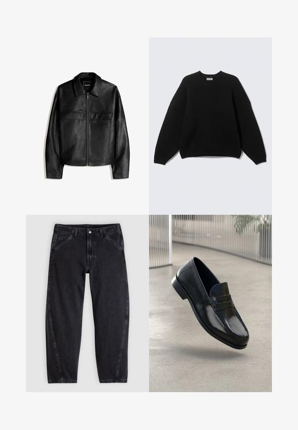 Veste en similicuir noir avec col, fermeture éclair à l'avant et deux poches à rabat sur la poitrine, présentée sur un fond blanc.; Pull noir à manches longues avec col rond, poignets et ourlet côtelés, portant l'étiquette "WEEKDAY" au niveau du col, présenté sur un fond uni.; Jean en denim noir à coupe ample, doté d'une ceinture standard, d'un design à cinq poches et de surpiqûres contrastantes le long des coutures.; Mocassins en cuir noir à finition lisse, bout arrondi, coutures décoratives et semelle extérieure légèrement surélevée.
