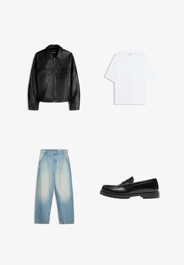 Schwarze Jacke aus Kunstleder mit Kragen, Frontreißverschluss und zwei Brustklappentaschen, präsentiert vor weißem Hintergrund.; Weißes, übergroßes Baumwoll-T-Shirt mit rundem Ausschnitt und kurzen Ärmeln; glatte Textur, keine sichtbaren Muster oder Akzente.; Hellblaue, ausgewaschene Jeans mit lockerem Sitz, Seitentaschen, Gürtelschlaufen und einem Knopfverschluss an der Taille.; Schwarzer Leder-Slipper mit dicker Gummisohle und klassischem Penny-Detail an der Riemen, von der Außenseite gezeigt.