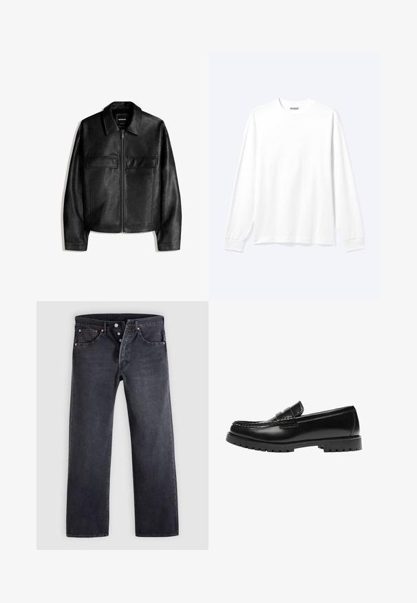 Veste en similicuir noir avec col, fermeture éclair à l'avant et deux poches à rabat sur la poitrine, présentée sur un fond blanc.; Chemise blanche unie à manches longues avec col rond et poignets côtelés, présentée sur un fond clair neutre.; Jean en denim noir avec une coupe droite, design à cinq poches, et boutons en cuivre. Texture lisse avec une légère finition délavée.; Mocassin en cuir noir avec une semelle en caoutchouc épaisse et un détail classique de bride à monnaie, vu de côté extérieur.