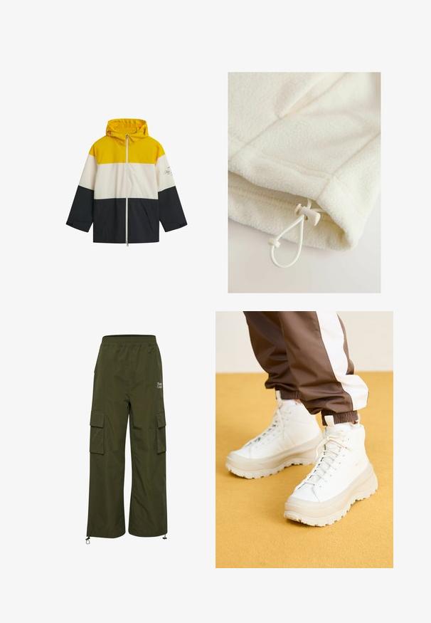 Gul, hvid og marinefarvet farveblokket jakke med hætte, front lynlås, to sidelommer og "Nautical" grafisk detalje på ærmet.; Fleece-tøj i off-white med en blød tekstur, der har en toggle og snor til justering nederst.; TheJoggConcept JCFIA - Cargobukser - rifle green; Hvide højtop sneakers med en kraftig, tekstureret sål, der har en glat overdel, rund tå og tonede snørebånd, placeret mod en gul baggrund.