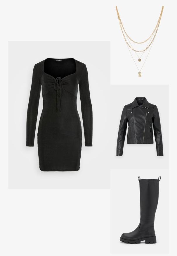 Zwarte leren cropped jas met een kraag, getailleerd ontwerp, naaddetails en ritsmanchetten. Gladde textuur, klassieke motorstijl.; Even&Odd by Zalando Jerseyjurk - black; Zwarte kniehoge laars van soepel leer met een chunky zool en een lichte hak. Voorzien van trekbanden en elastische zijpanelen voor gemakkelijk aan- en uittrekken.; Gouden multi-laags halsketting met verschillende kettingstijlen, waaronder chunky schakels en fijne kettingen, met ronde en rechthoekige hangers.