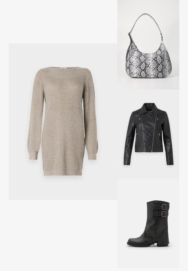 Veste cropped en cuir noir avec col, design ajusté, détails de couture et poignets zippés. Texture lisse, style classique de moto.; Robe en tricot beige avec des manches longues, texture côtelée et un large décolleté. Présente une silhouette droite et des fentes sur les côtés au niveau de l'ourlet.; Even&Odd by Zalando Bottes de cowboy / motard - black; Sac à épaule en simili cuir noir et blanc avec imprimé serpent, de forme arrondie, texture lisse et bandoulière incurvée. Présente un accent en matériel argenté.