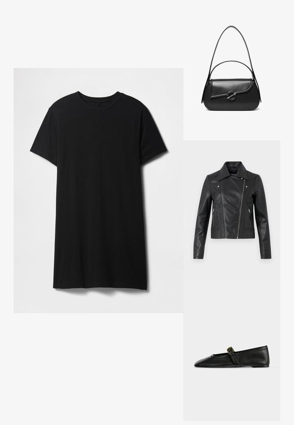 Sort læder cropped jakke med krave, tætsiddende design, syninger og lynlåse ved manchetterne. Glat tekstur, klassisk motorcykelstil.; Sort kortærmet t-shirt lavet af bomuld, med klassisk rund halsudskæring og en lige kant, med en glat, mat tekstur.; Sort Mary Jane flat sko i læder med spids tå og en tynd rem med et lille guldfarvet spænde, vist fra siden på en ensfarvet baggrund.; Sort skuldertaske i læder med en buet klap, der er fastgjort med en rund metal spænde, og en slank, justerbar rem.