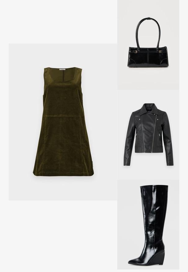 Veste cropped en cuir noir avec col, design ajusté, détails de couture et poignets zippés. Texture lisse, style classique de moto.; Robe en velours côtelé de couleur vert olive foncé, présentant un décolleté en scoop, un design sans manches et une coupe évasée avec des détails de coutures visibles.; Bottes à talons compensés noires en cuir montantes, avec un bout pointu et une finition lisse, présentant un design élégant et épuré.; Sac à main rectangulaire noir brillant avec deux fines bretelles et petits détails de boucles dorées à l'avant.