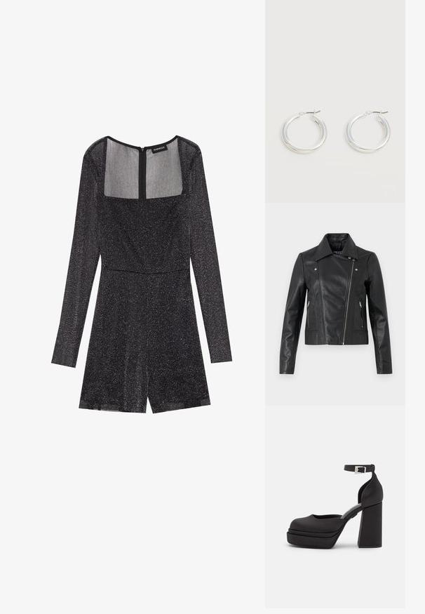 Chaqueta corta de cuero negro con cuello, diseño ajustado, detalles de costura y puños con cremallera. Textura suave, estilo clásico de motocicleta.; Mono negro de mangas largas con escote cuadrado y un panel translúcido. Tejido texturizado con un ligero brillo. Cierre en la espalda con cremallera.; Zapatos de tacón con plataforma negra, punta redondeada, tejido mate, tacón alto y cuadrado, correa ajustable en el tobillo y sutil detalle de costura.; Par de pendientes de aro plateados brillantes de tamaño mediano con cierres metálicos finos sobre un fondo neutro claro.