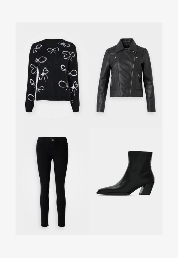 Veste cropped en cuir noir avec col, design ajusté, détails de couture et poignets zippés. Texture lisse, style classique de moto.; ONLY ONLLOUI BOW - Pullover - black/cloud dancer; Pieces PCPEGGY - Jeans Skinny - black; Bottine en cuir noir avec un bout pointu, une silhouette élégante et un talon carré massif. Texture lisse avec des détails de couture minimalistes.