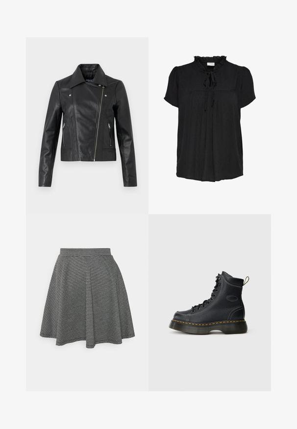 Veste cropped en cuir noir avec col, design ajusté, détails de couture et poignets zippés. Texture lisse, style classique de moto.; Blouse noire à manches courtes avec un col à volants et un détail à nouer. Présente un motif de points texturé et un design plissé à l'avant. Tissu doux.; Jupe patineuse à carreaux noir et blanc avec une taille ajustée et un ourlet évasé, fabriquée en tissu texturé affichant un motif classique.; Bottes noires en cuir à lacets avec finition texturée, cheville rembourrée, surpiqûres jaunes et semelle épaisse, comportant une languette à l'arrière.