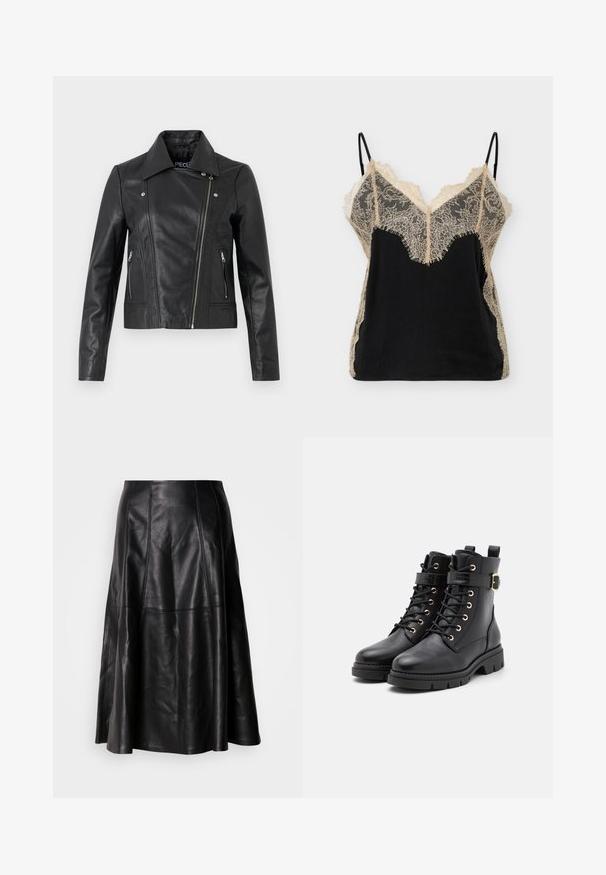 Veste cropped en cuir noir avec col, design ajusté, détails de couture et poignets zippés. Texture lisse, style classique de moto.; Caraco en satin noir avec bordure en dentelle florale beige sur le buste, les côtés et fines bretelles réglables.; Jupe en cuir noir avec une silhouette évasée, présentant des coutures visibles et une texture lisse. Conception mi-longue avec une coupe classique.; Bottes noires en cuir avec un bout rond, des lacets, œillets en or, un accent de boucle et une semelle épaisse et texturée.