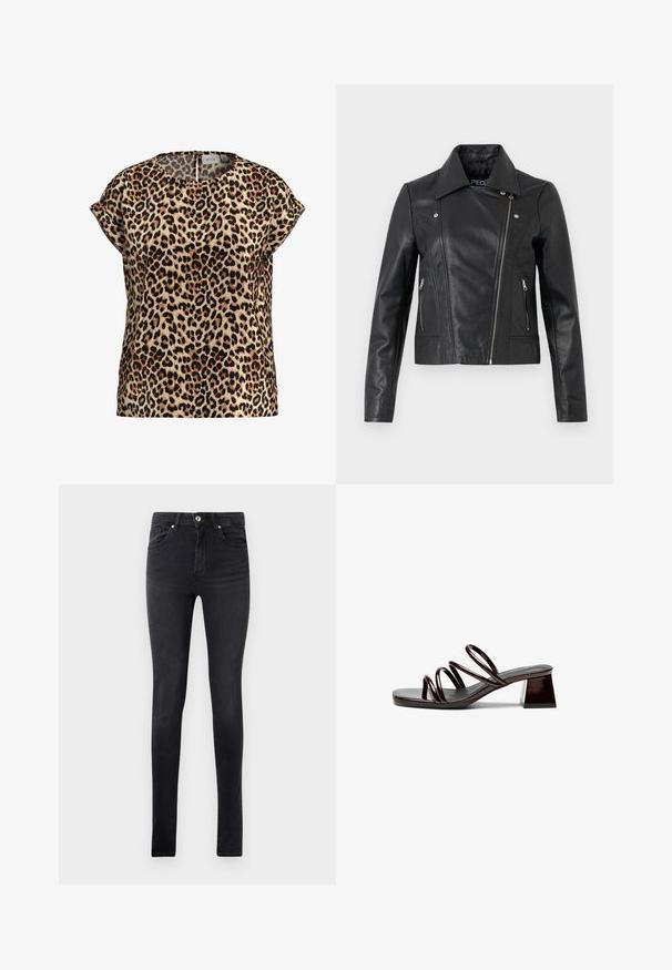 Sort læder cropped jakke med krave, tætsiddende design, syninger og lynlåse ved manchetterne. Glat tekstur, klassisk motorcykelstil.; Top med leopardprint, korte ærmer, rund halsudskæring, lavet af silkeagtigt stof; har en lys brun baggrund med sorte og brune pletter.; Sorte slim-fit denim jeans med fem lommer og knapåbning i taljen, præsenteret mod en ensfarvet hvid baggrund.; Åben tå hæl sandal i mørk bourgogne lakeret læder, med tre tynde stropper og en firkantet blokhæl. Glat overflade, minimalistisk design.