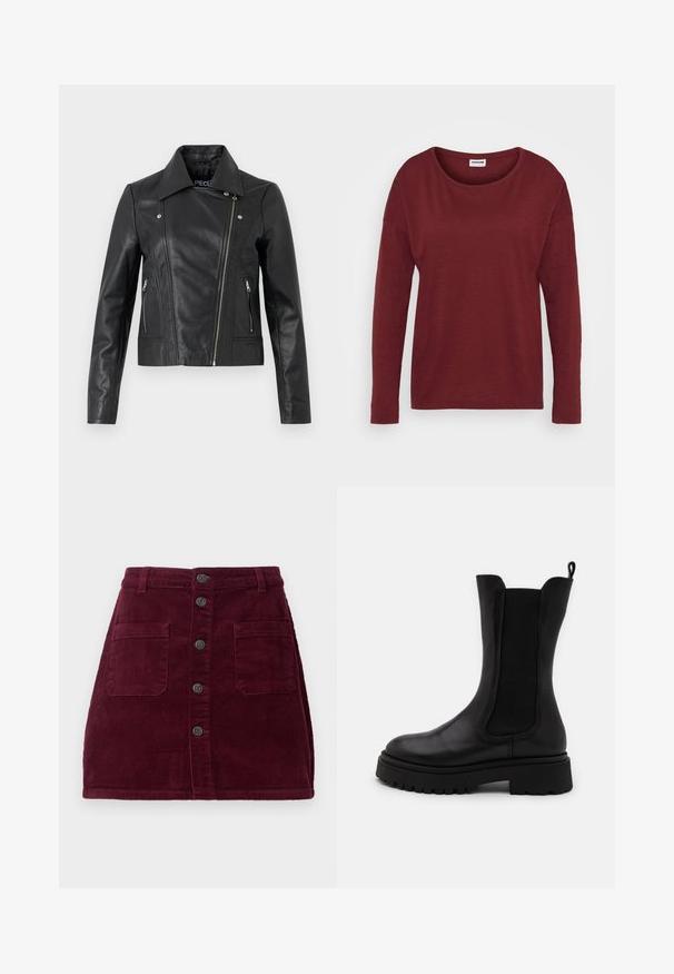 Zwarte leren cropped jas met een kraag, getailleerd ontwerp, naaddetails en ritsmanchetten. Gladde textuur, klassieke motorstijl.; Noisy May NMMATHILDE LOOSE LONG - Longsleeve - tawny port; Bordeaux corduroy rok met een hoge taille, vijf knopen aan de voorkant en twee zakken aan de voorkant; stoffen met textuur en verticale ribbels.; Zwarte enkellange laars met glad leer en elastische zijkanten. Dikke rubberen zool met profiel en een stoffen lus aan de achterkant.