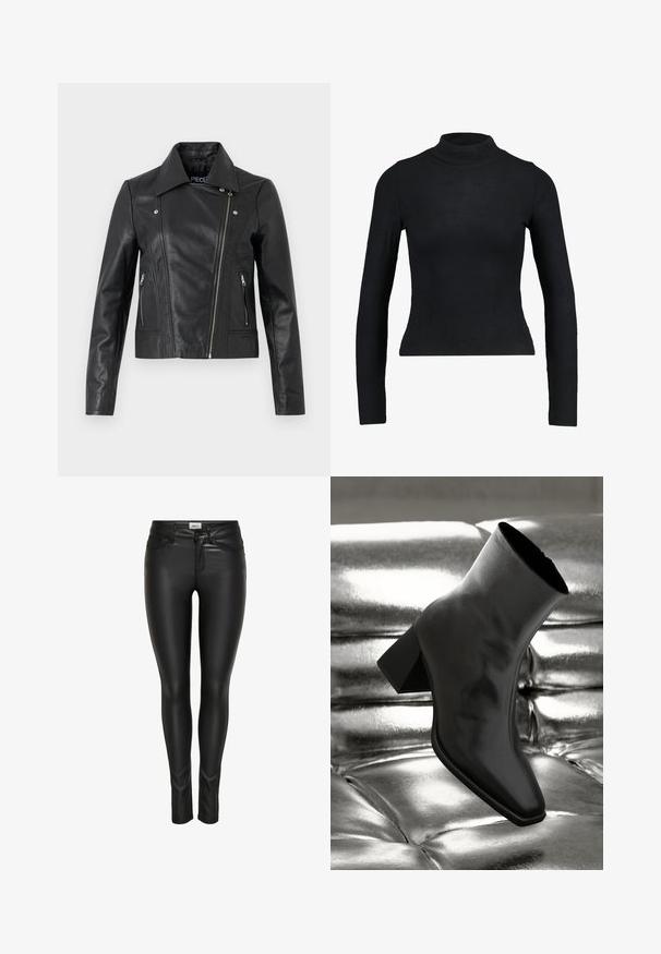 Čierna kožená cropped bunda s golierom, priliehavým strihom, švovými detailmi a zipsovými manžetami. Hladká textura, klasický motocyklový štýl.; Čierny dlhý rukáv rolák vyrobený z rebrovanej látky, s priliehavým strihom a štíhlym siluetou. Bez vzorov či akcentov.; Čierne slim-fit nohavice z umelého kože s predným gombíkom, zipsom a pútkami na opasok, vystavené na bielom pozadí.; Čierne členkové topánky vyrobené z lesklého materiálu so štvorcovou špičkou a zúženým podpätkom, na lesklom striebornom podklade s vystuženým vzorom.
