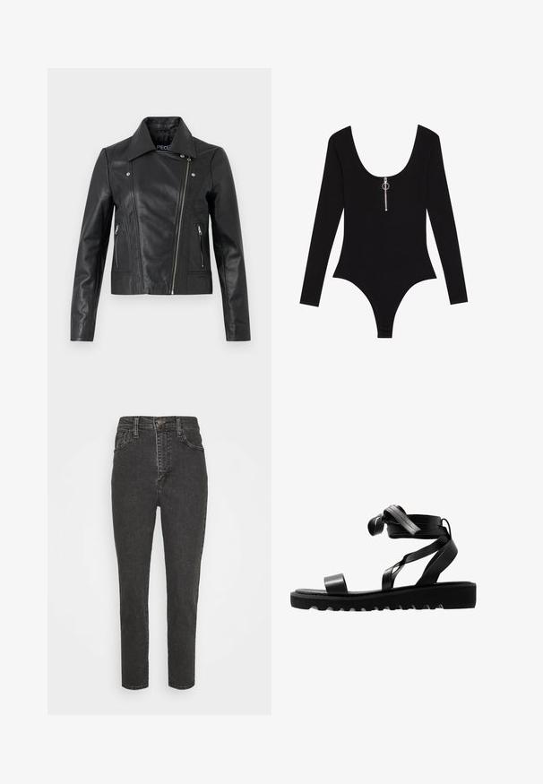Veste cropped en cuir noir avec col, design ajusté, détails de couture et poignets zippés. Texture lisse, style classique de moto.; Bodysuit noir à manches longues avec un décolleté en plongée et un détail de fermeture éclair à l'avant avec une tirette en argent. Tissu lisse avec une coupe ajustée.; Jeans en denim noir taille haute avec une coupe slim, dotés d'une fermeture à bouton, de passants de ceinture et d'un design classique à cinq poches.; Sandales noires avec une semelle texturée, dotées de fines lanières et d'un motif noué. Fabriquées dans un matériau lisse, avec une forme moderne et un bout ouvert.