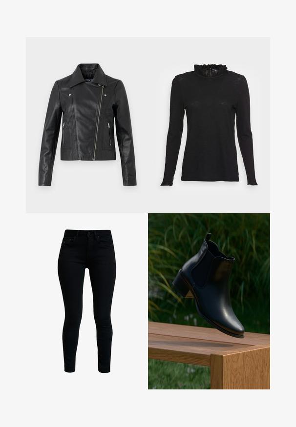 Zwarte leren cropped jas met een kraag, getailleerd ontwerp, naaddetails en ritsmanchetten. Gladde textuur, klassieke motorstijl.; Zwarte langemouwen top met een hoge ruches halslijn en licht uitlopende mouwen, gemaakt van een zachte, gestructureerde stof en met een gestroomlijnde pasvorm.; Zwarte denim skinny jeans met een gladde textuur, vijf zakken en metalen hardware. Kenmerkt zich door een klassieke taille en een aansluitend beenontwerp.; Zwarte leren enkellaars met een spitse neus, elastische zijpanelen en een gestapelde hak, zwevend boven een houten oppervlak met groen in de achtergrond.