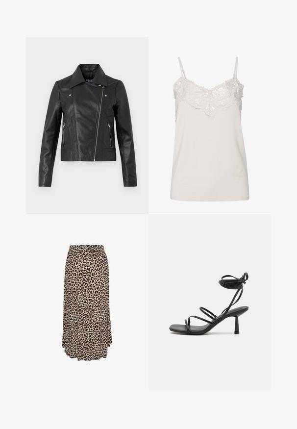 Veste cropped en cuir noir avec col, design ajusté, détails de couture et poignets zippés. Texture lisse, style classique de moto.; Camisole blanche sans manches avec une bordure en dentelle le long de l'encolure et des bretelles fines réglables.; Jupe midi à motif léopard avec taille élastique, tissu fluide et ourlet légèrement évasé.; Sandale noire à lanières avec un bout carré, des liens de cheville réglables et un talon carré fin. Fabriquée en un matériau lisse et durable.