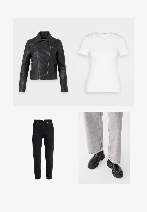 Schwarze Lederjacke im Cropped-Design mit Kragen, taillierter Passform, Nähdetails und Reißverschlussärmel. Glatte Textur, klassischer Motorradstil.; Weißes Baumwoll-T-Shirt mit kurzen Ärmeln, rundem Ausschnitt und gerippter Textur. Schmal geschnittenes Design mit einer glatten, sauberen Verarbeitung.; Schwarze Jeans mit hoher Taille, vorderem Knopf und Reißverschluss, zwei vorderen Taschen und einem verjüngten Bein auf weißem Hintergrund.; Vagabond COSMO - Plateaustiefelette - black