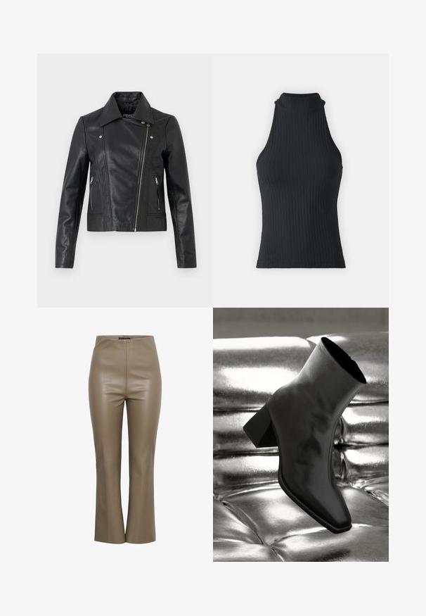 Veste cropped en cuir noir avec col, design ajusté, détails de couture et poignets zippés. Texture lisse, style classique de moto.; Haut sans manches noir à col montant, avec une coupe ajustée et un tissu extensible, présentant une texture subtile et des bords ourlés.; Pantalon taille haute et jambe droite en simili cuir taupe, présenté debout sur un fond blanc uni. Aucun fermoir ou poche visible.; Botte noire à la cheville en matériau brillant avec un bout carré et un talon effilé, sur un fond argenté brillant et capitonné.