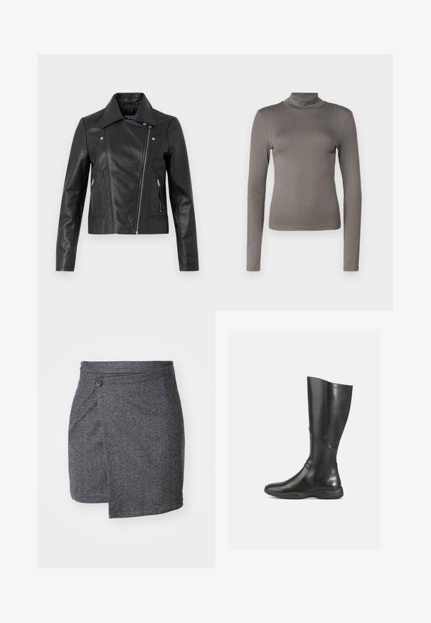 Schwarze Lederjacke im Cropped-Design mit Kragen, taillierter Passform, Nähdetails und Reißverschlussärmel. Glatte Textur, klassischer Motorradstil.; Grauer, gerippter Langarm-Turtleneck mit taillierter Passform und weichem Material. Mit hohem Kragen und schlanker Silhouette.; Grau gemusterter Wickelrock aus strukturiertem Wollstoff, mit einem einzelnen Knopfverschluss an der Taille und einem asymmetrischen Saum.; Schwarze Lederkniehohe Stiefel mit glatter Oberfläche, abgerundeter Zehenpartie und weicher Sohle. Verfügt über eine moderne Silhouette und minimale Nähte.