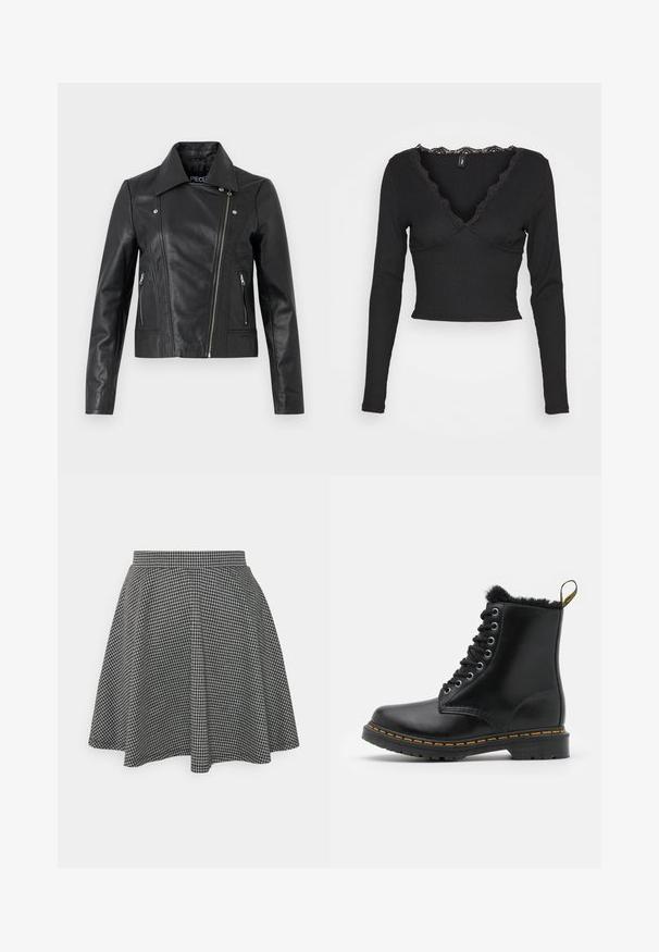 Chaqueta corta de cuero negro con cuello, diseño ajustado, detalles de costura y puños con cremallera. Textura suave, estilo clásico de motocicleta.; ONLY ONLTALIA - Camiseta de manga larga - black; Falda de patinadora a cuadros en blanco y negro con cintura ajustada y dobladillo acampanado, hecha de una tela texturizada que muestra un patrón clásico.; Botas de tobillo de cuero negro con punta redonda, forro de piel de oveja, ojales plateados y costura amarilla a lo largo de la suela. Suela exterior de goma resistente.