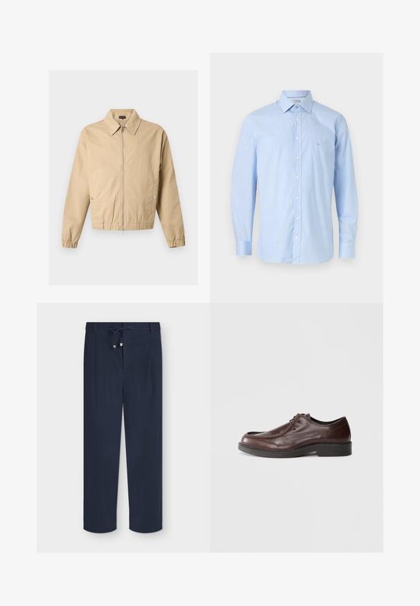Veste beige zippée avec col pointu, poches latérales à boutons-pression, poignets élastiques et ourlet élastique sur un fond uni.; Chemise habillée bleu clair à rayures verticales blanches, manches longues, boutonnée à l'avant, avec col écarté sur fond uni.; Pantalon bleu marine à jambes droites avec taille à cordon et tissu texturé, posé à plat sur un fond clair.; Chaussure habillée en cuir marron avec un bout arrondi, des accents de couture minimum, et une semelle noire robuste. Présente un système de laçage et une texture lisse.